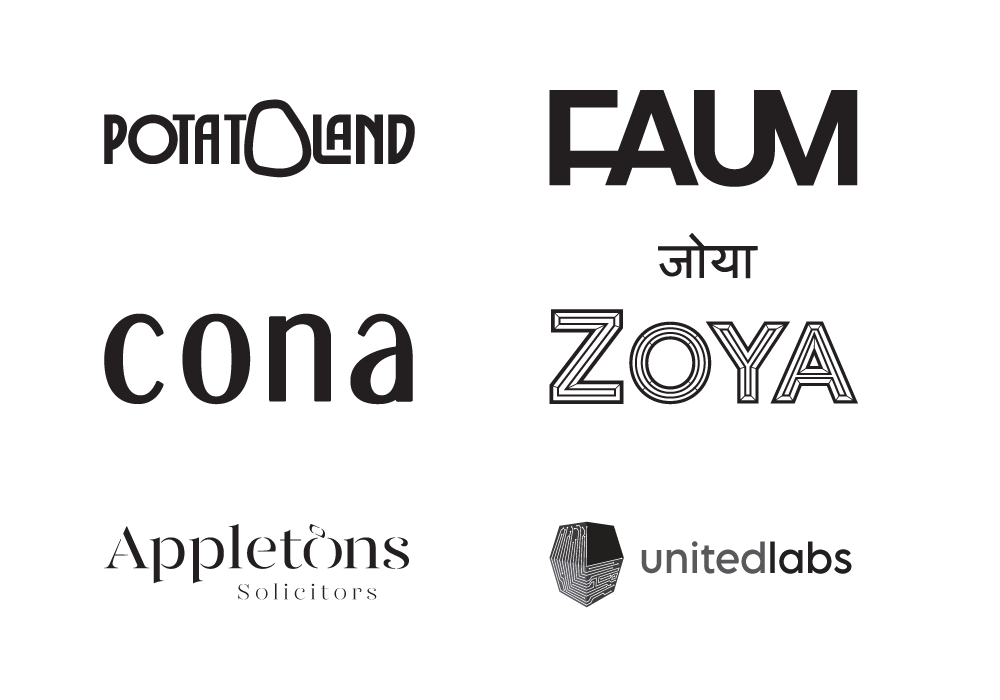 Logos designed by Ltr10 Creative a brand design agency –, Potatoland, Faum, Cona, Zoya, Appletons Solicitors, United Labs